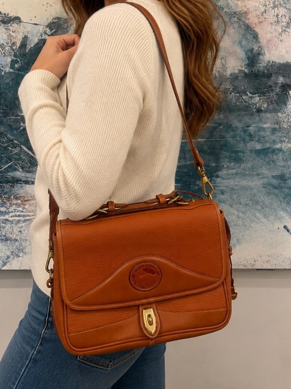 Vintage Dooney Bourke All Weather Structured Flap Brass Closure British Tan
